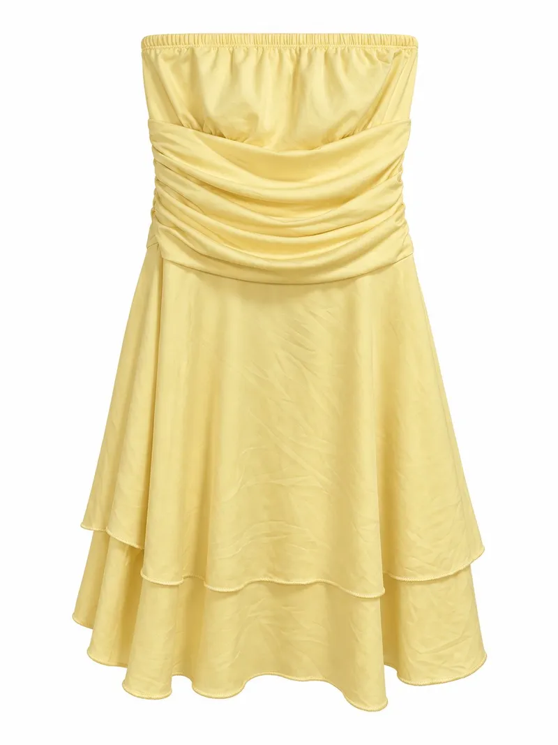 Pale Yellow Ruched Strapless Mini Dress