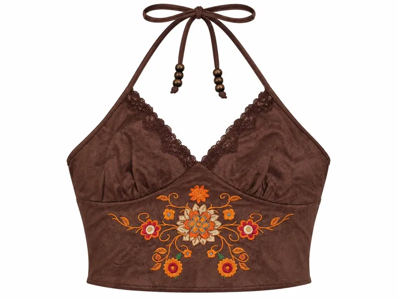 Boho Brown Embroidered Halter Top