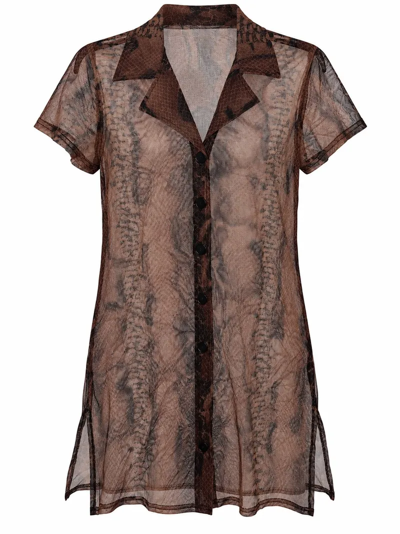 Sheer Brown Reptile Print Tunic Shirt