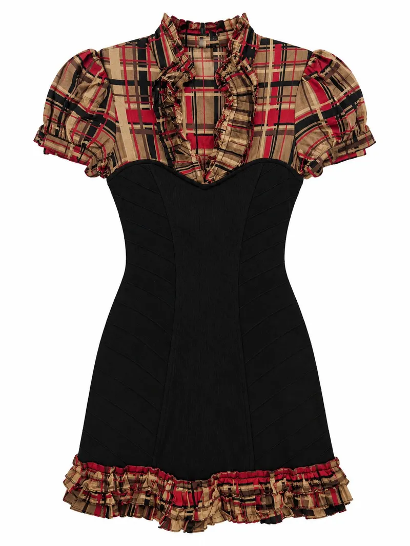 Plaid Ruffle Bodice Black Mini Dress