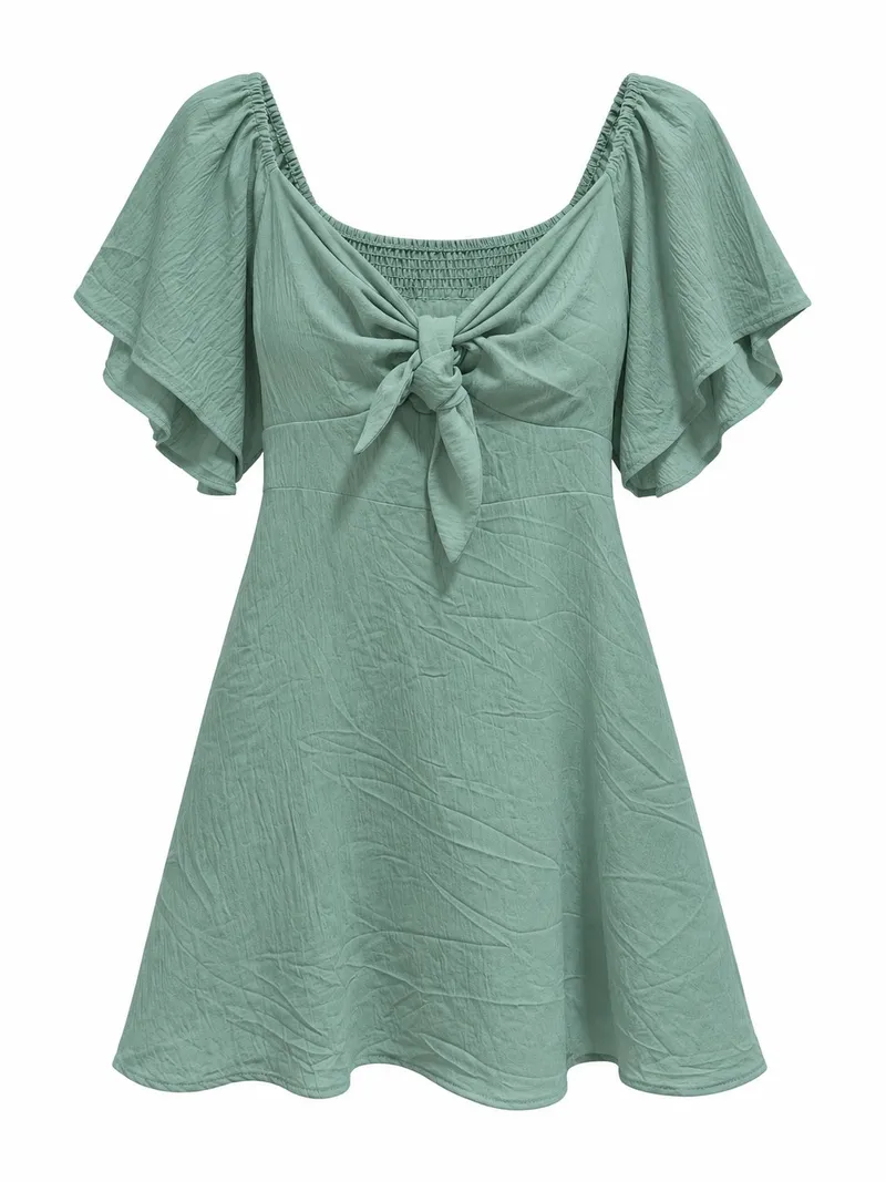 Mint Green Flutter-Sleeve Tie Dress