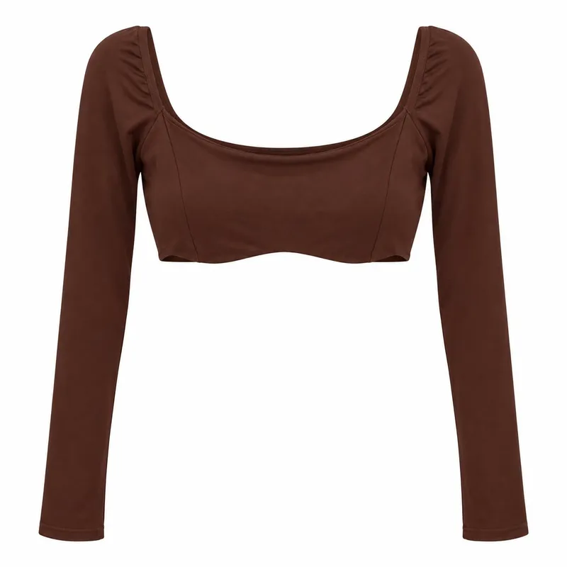 Brown Ruched-Shoulder Cropped Top