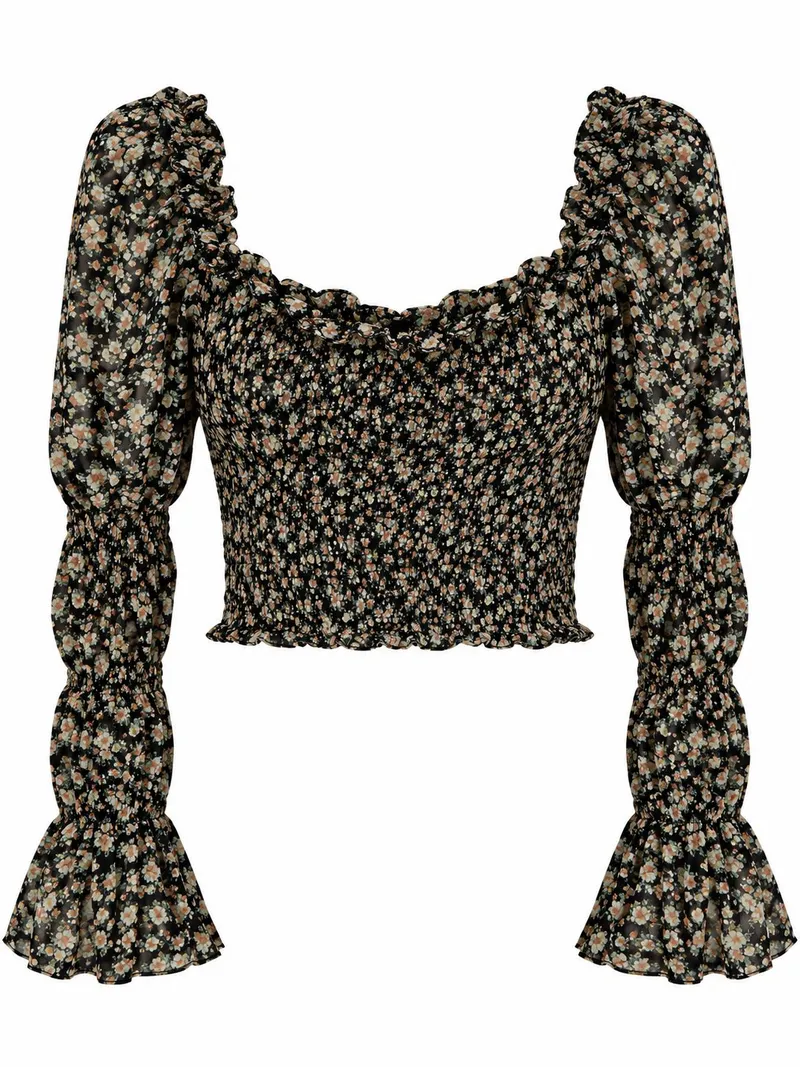 Black Floral Smocked Crop Top