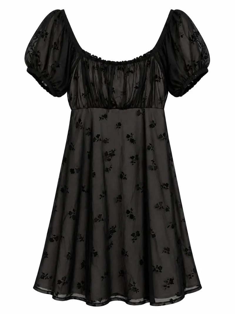 Black Floral Sheer Puff-Sleeve Dress