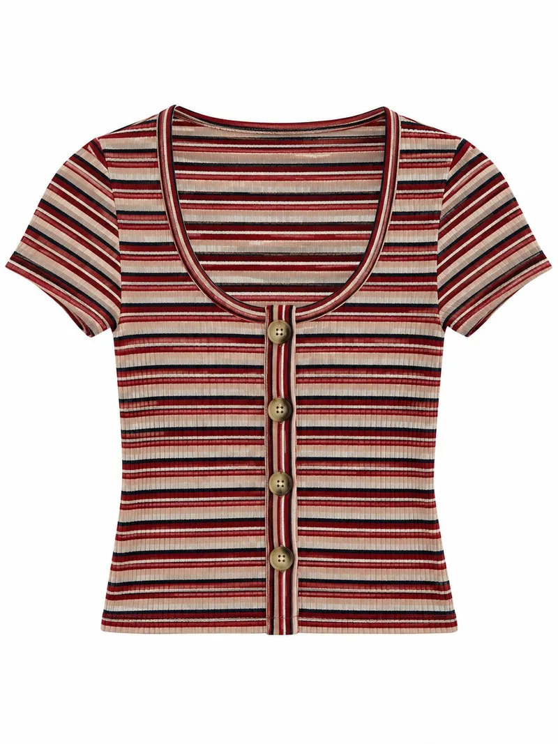 Vintage Multistripe Button-Up Top