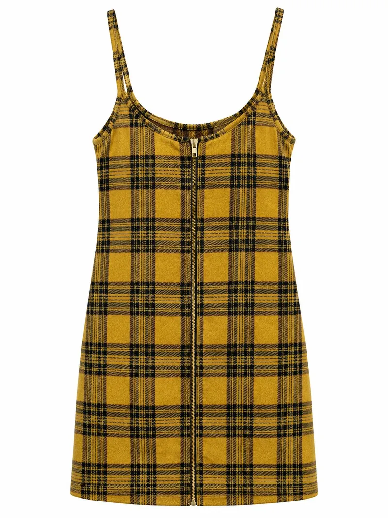 Mustard Plaid Zipper-Front Mini Dress
