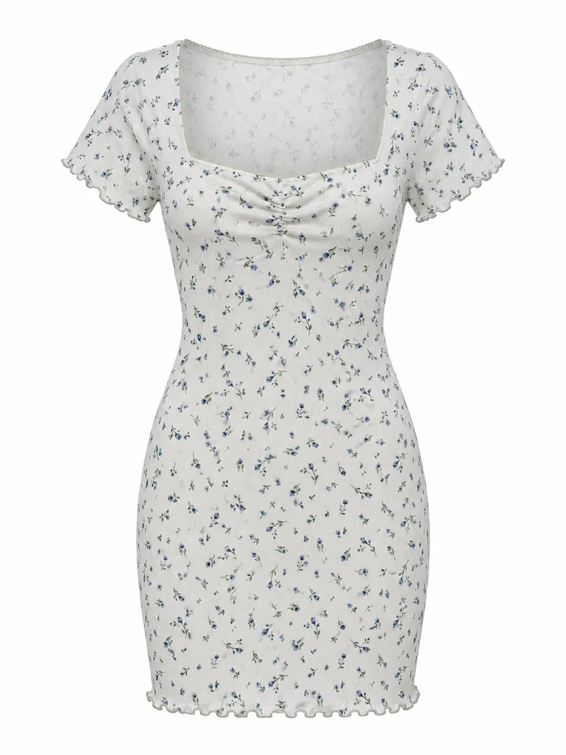 Cream Ribbed Floral Puff-Sleeve Mini Dress