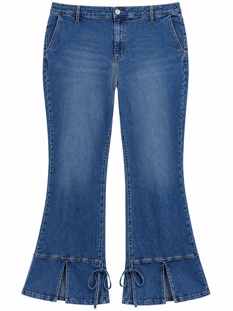 Flared Blue Denim Jeans with Lace-Up Hems